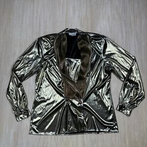 Vintage Regina Porter Gold Lame Top Sparkling 80's Long Sleeve V-Neck Blouse 12